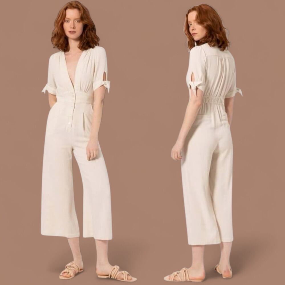 FRNCH Paris Maela Linen Blend Cream Romper Jumpsuit Deep V Neckline Size Small S